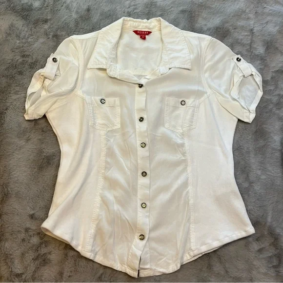 Guess White Short Sleeve Button Down Shirt - Picture 3 of 12